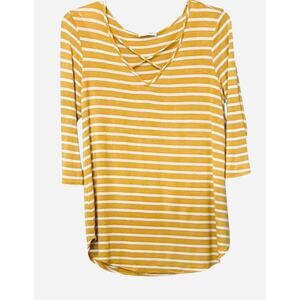 EMORY PARK LONG SLV PULL-OVER V-NECK CASUAL TOP, WOMENS, XL, YELLOW/WHITE STRIPE